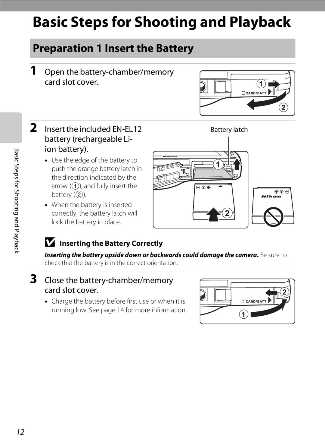 Nikon S800c, 26358 Preparation 1 Insert the Battery, Battery rechargeable Li Ion battery, Inserting the Battery Correctly 