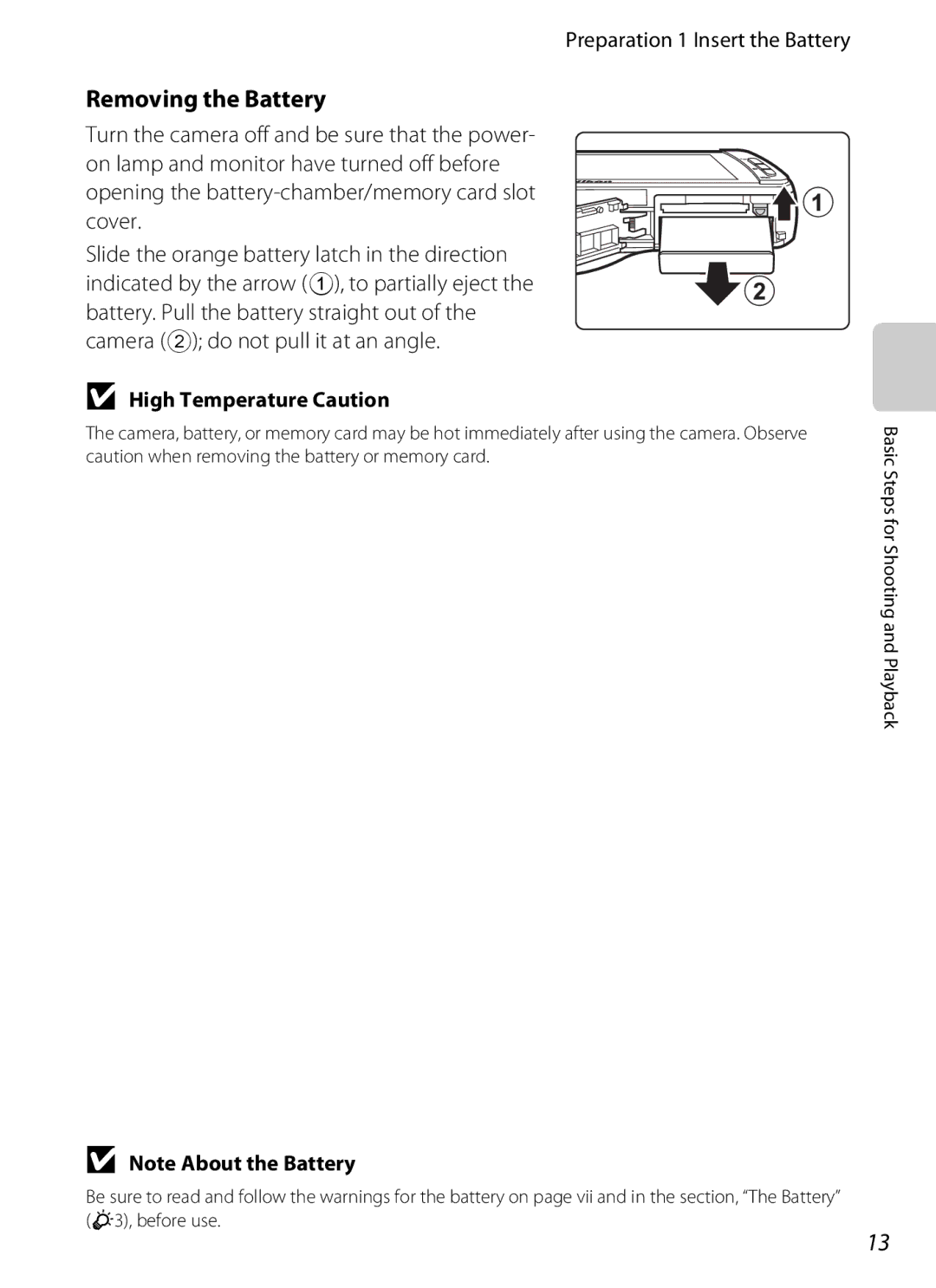 Nikon S800c Black, 26358, 26356 manual Removing the Battery, Preparation 1 Insert the Battery, High Temperature Caution 