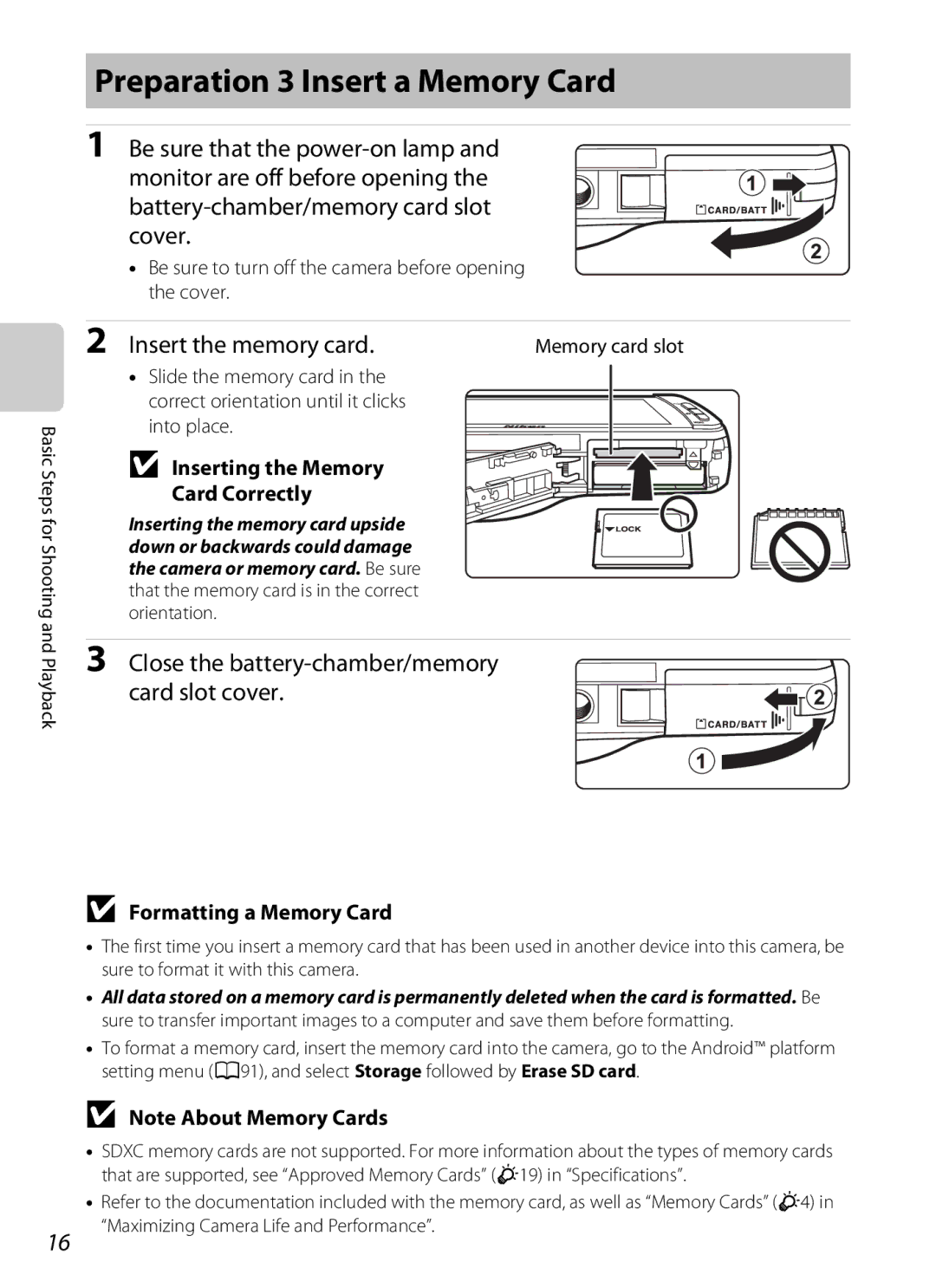 Nikon S800c White, 26358 Preparation 3 Insert a Memory Card, Insert the memory card, Inserting the Memory Card Correctly 