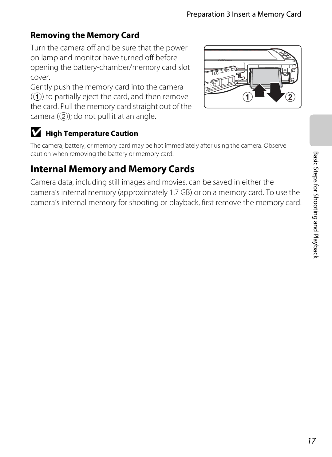 Nikon S800, 26358, 26356 Internal Memory and Memory Cards, Removing the Memory Card, Preparation 3 Insert a Memory Card 