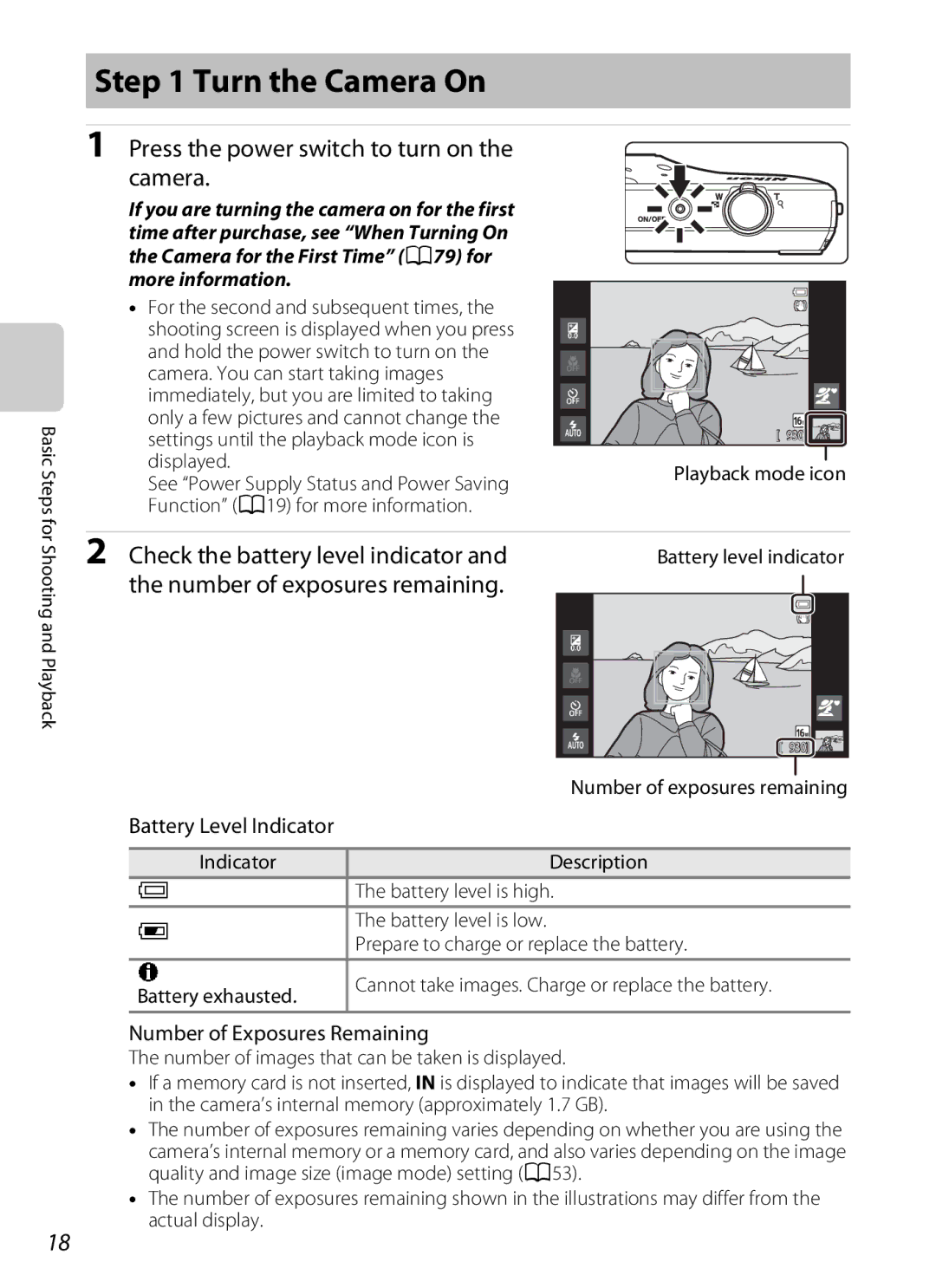 Nikon S800c, 26358, 26356 manual Turn the Camera On, Press the power switch to turn on the camera, Battery Level Indicator 