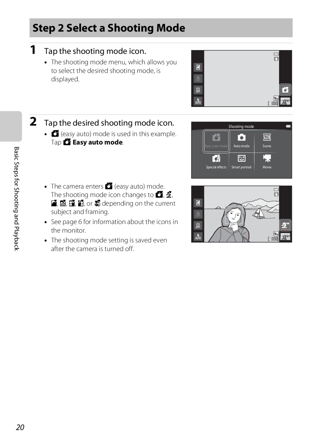 Nikon 26358, 26356, S800c White, S800c Black manual Select a Shooting Mode, Tap the shooting mode icon, Displayed 