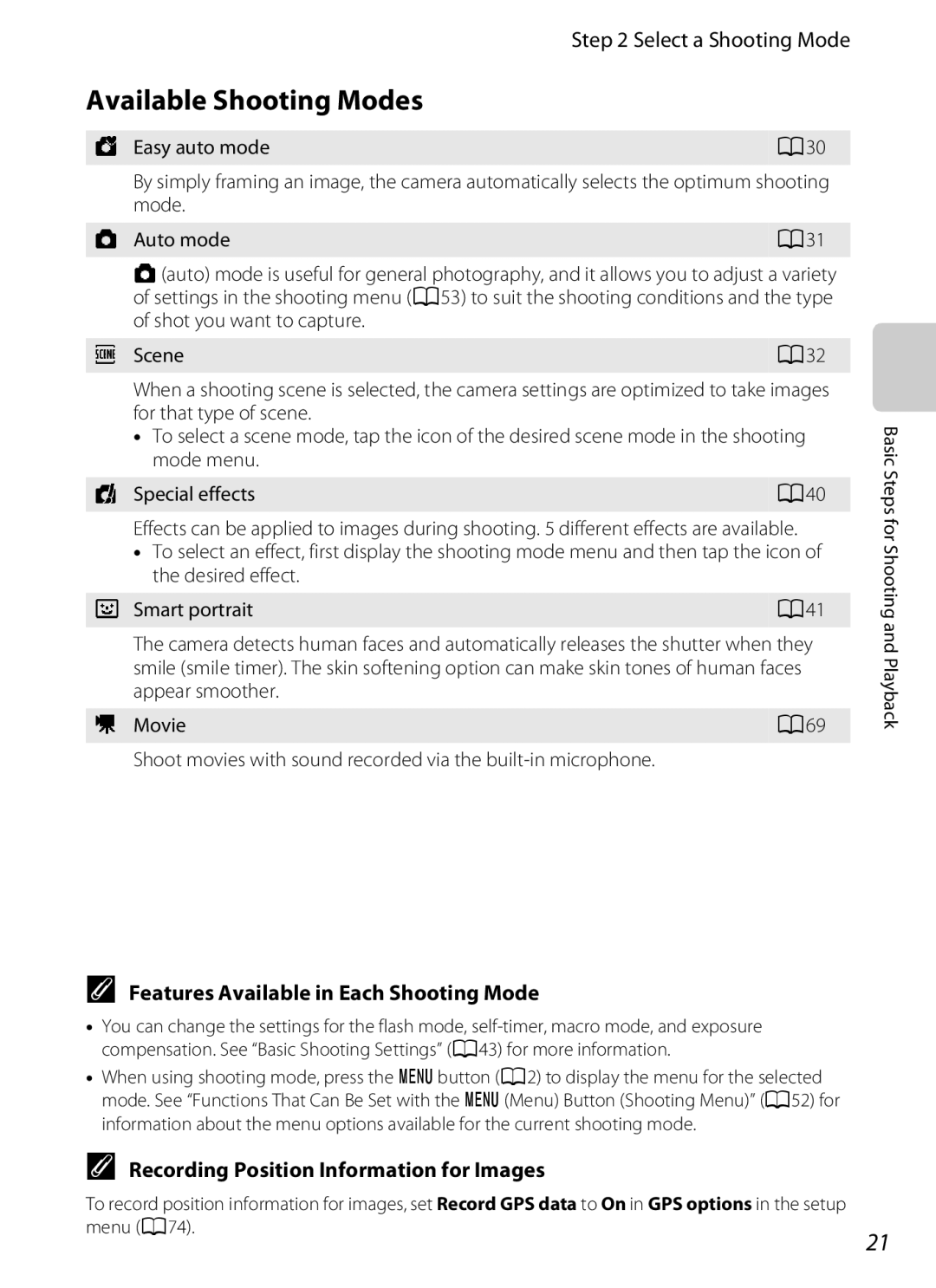 Nikon 26356 Available Shooting Modes, Features Available in Each Shooting Mode, Recording Position Information for Images 