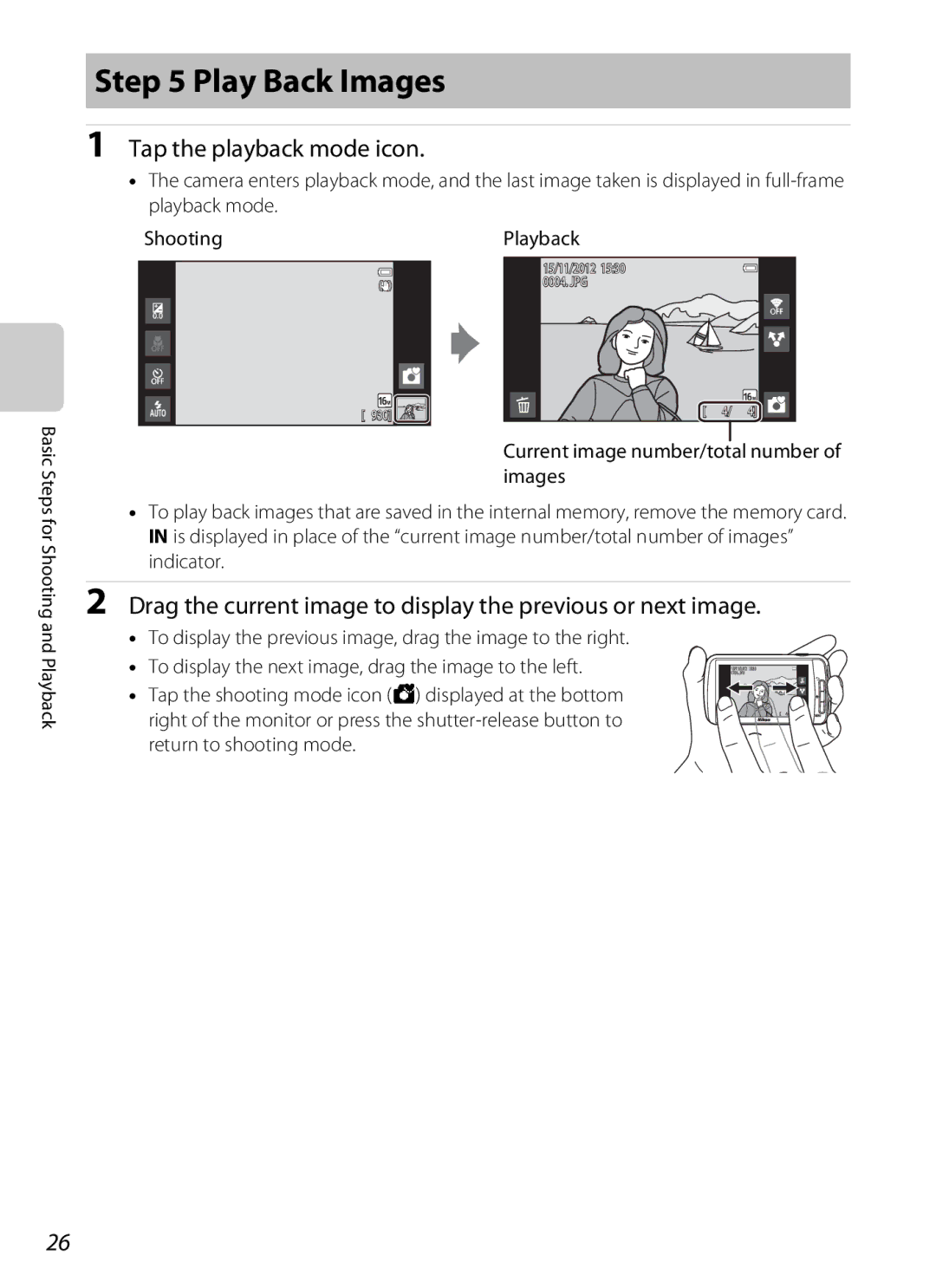 Nikon 26358, 26356, S800c White, S800c Black manual Play Back Images, Tap the playback mode icon, Playback 