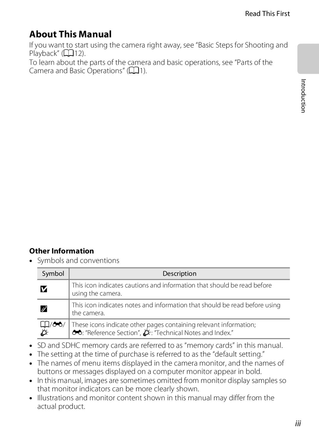 Nikon S800c Black, 26358, 26356 manual About This Manual, Iii, Read This First, Other Information, Symbols and conventions 