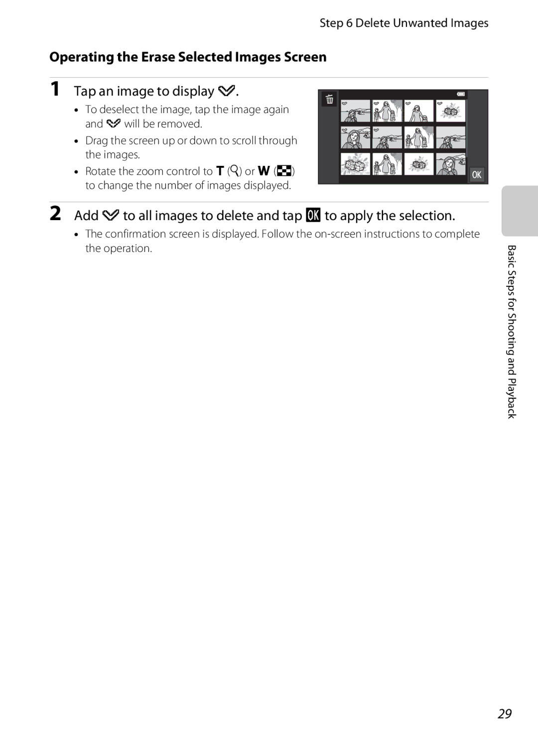 Nikon S800, 26358 Operating the Erase Selected Images Screen, Tap an image to display y, Delete Unwanted Images, Operation 