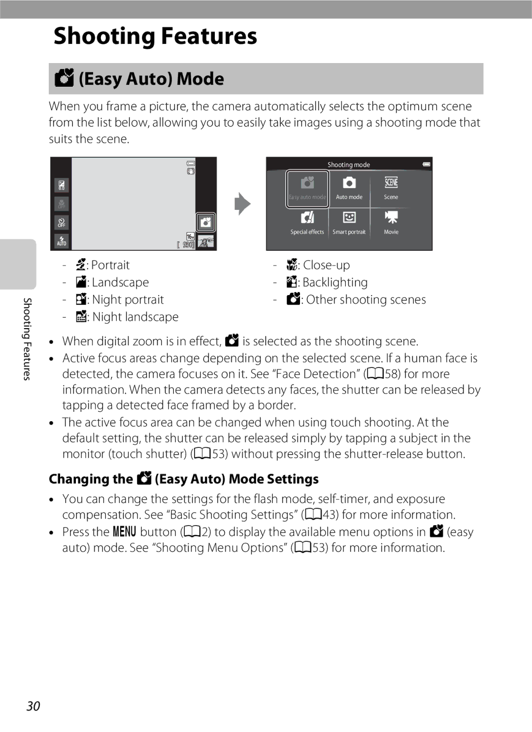 Nikon S800c, 26358, 26356 manual Changing the GEasy Auto Mode Settings, Portrait Landscape Night portrait Night landscape 