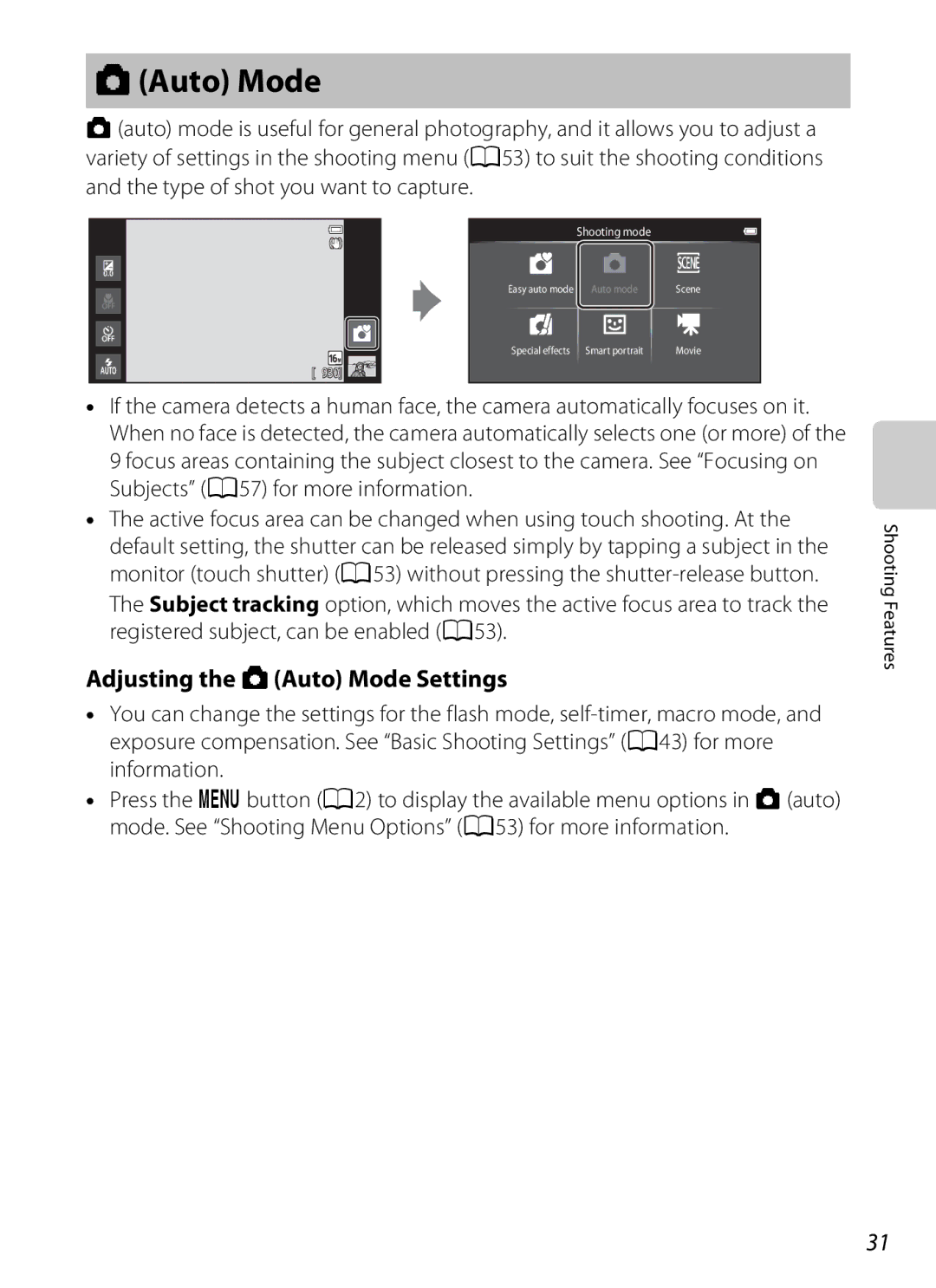 Nikon S800c Black, 26358, 26356, S800c White manual Adjusting the AAuto Mode Settings 