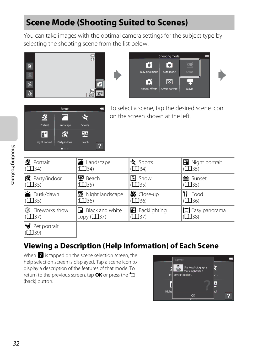 Nikon 26358, 26356, S800c White Scene Mode Shooting Suited to Scenes, Viewing a Description Help Information of Each Scene 