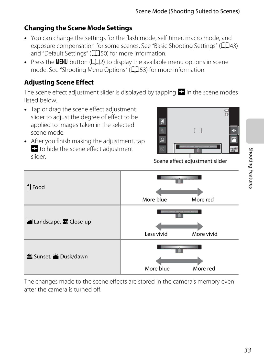 Nikon 26356, 26358, S800 Changing the Scene Mode Settings, Adjusting Scene Effect, Scene Mode Shooting Suited to Scenes 