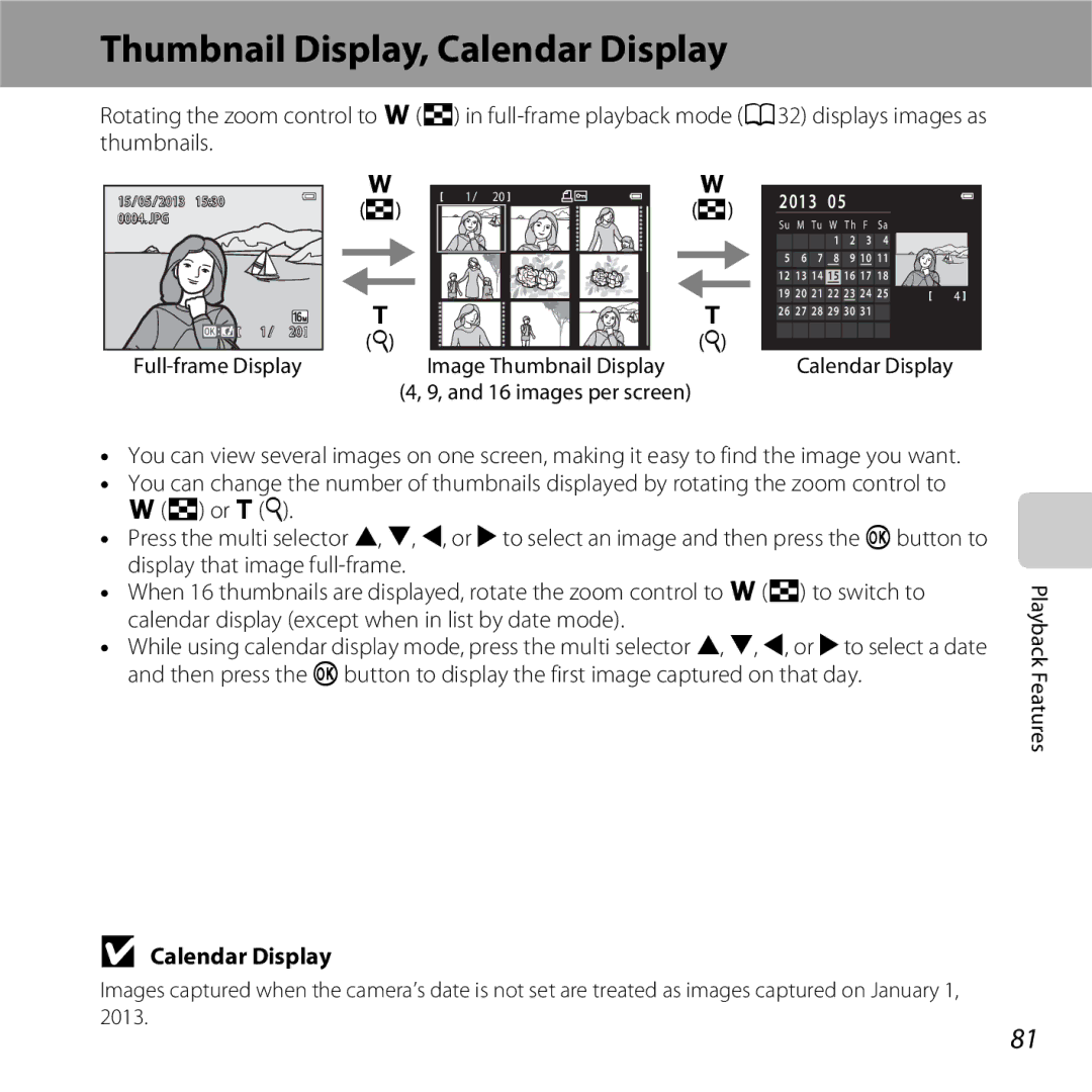 Nikon 26377, COOLPIXS5200PLUM manual Thumbnail Display, Calendar Display, Full-frame Display, Playback Features 2013 