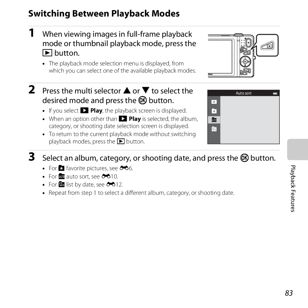 Nikon COOLPIXS5200PLUMKIT, 26377 manual Switching Between Playback Modes, Press the multi selector Hor I to select 