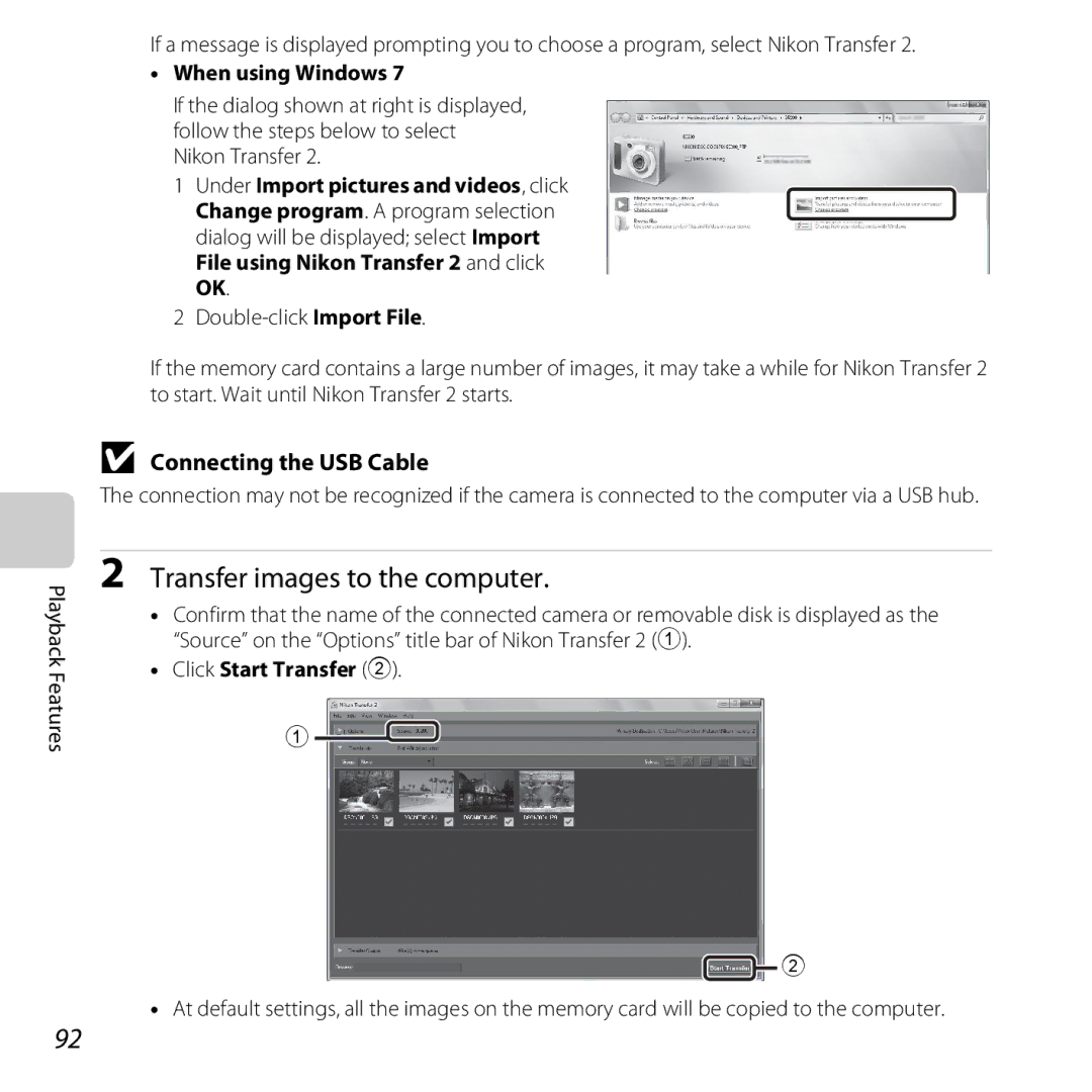 Nikon 26377, S5200 Transfer images to the computer, Connecting the USB Cable, When using Windows, Click Start Transfer 