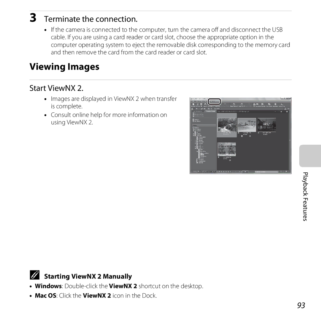 Nikon 26377, COOLPIXS5200PLUM manual Viewing Images, Terminate the connection, Start ViewNX, Starting ViewNX 2 Manually 