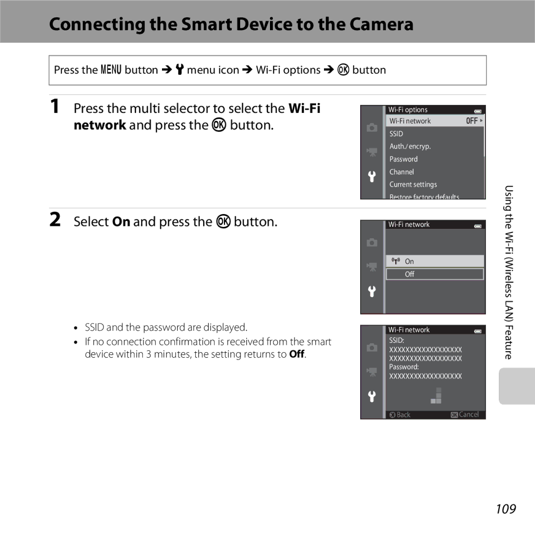 Nikon COOLPIXS5200BLK, 26377, COOLPIXS5200PLUMKIT, COOLPIXS5200RED manual Connecting the Smart Device to the Camera, 109 