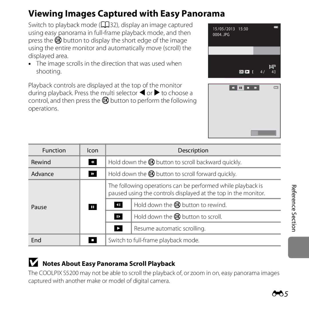 Nikon COOLPIXS5200BLK, 26377, COOLPIXS5200PLUM Viewing Images Captured with Easy Panorama, Hold down the k button to rewind 