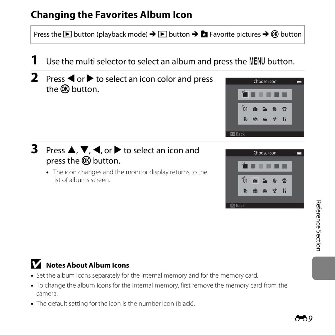 Nikon COOLPIXS5200PLUMKIT, 26377, COOLPIXS5200RED, COOLPIXS5200BLK manual Changing the Favorites Album Icon, Kbutton 