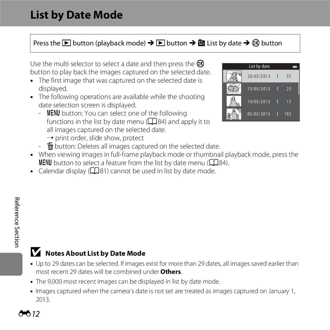 Nikon 26377, COOLPIXS5200PLUMKIT, COOLPIXS5200RED, COOLPIXS5200BLK manual List by Date Mode, E12 