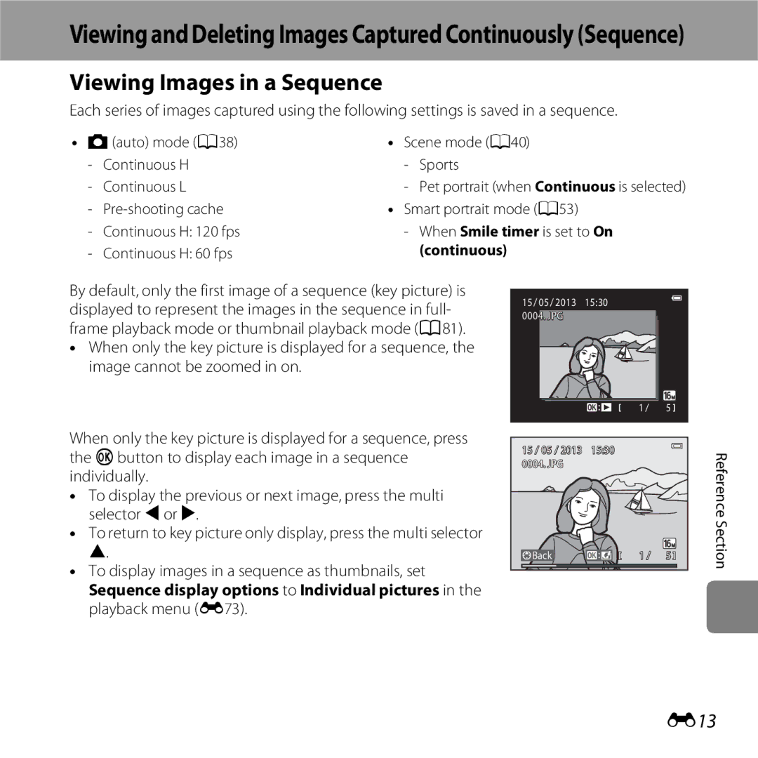 Nikon S5200, 26377 manual Viewing Images in a Sequence, E13, Aauto mode a Scene mode a Continuous H Sports Continuous L 