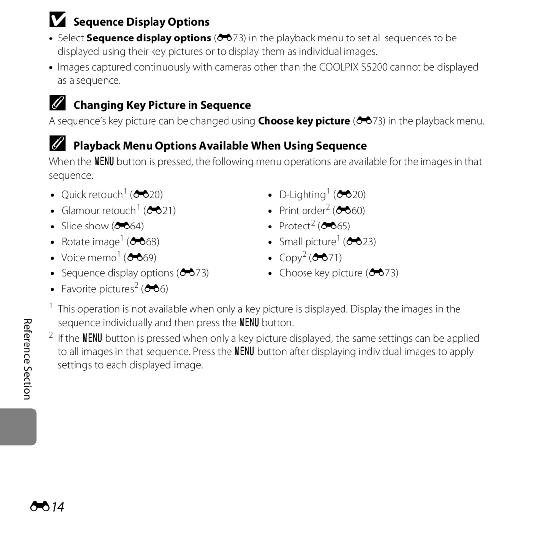 Nikon 26377, COOLPIXS5200PLUMKIT, COOLPIXS5200RED manual E14, Sequence Display Options, Changing Key Picture in Sequence 