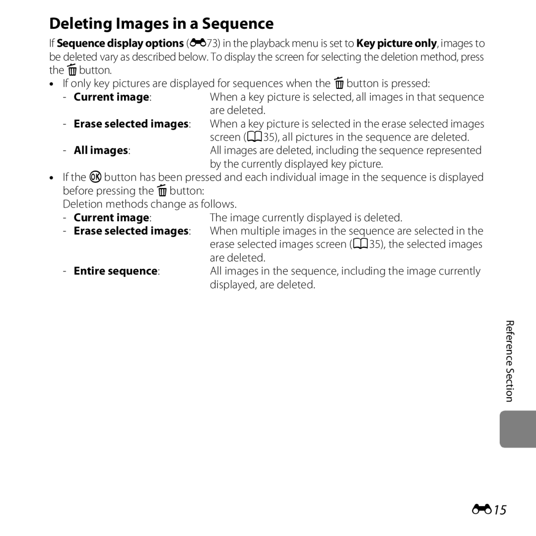 Nikon COOLPIXS5200PLUMKIT, 26377, COOLPIXS5200RED, COOLPIXS5200BLK manual Deleting Images in a Sequence, E15 