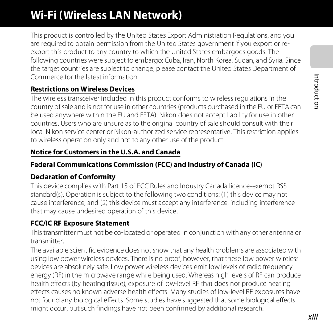 Nikon COOLPIXS5200PLUMKIT, 26377, COOLPIXS5200RED manual Xiii, Restrictions on Wireless Devices, FCC/IC RF Exposure Statement 