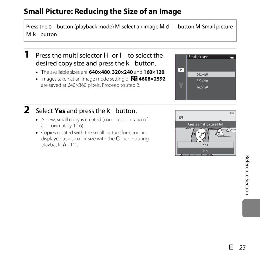 Nikon COOLPIXS5200BLK, 26377 Small Picture Reducing the Size of an Image, Press the multi selector Hor I to select, E23 