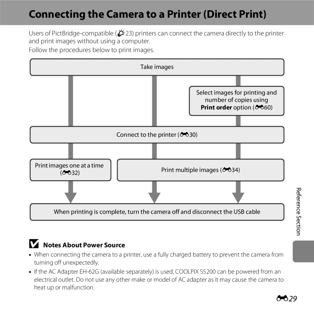 Nikon COOLPIXS5200BLK, 26377, COOLPIXS5200PLUM Connecting the Camera to a Printer Direct Print, E29, Print order option E60 