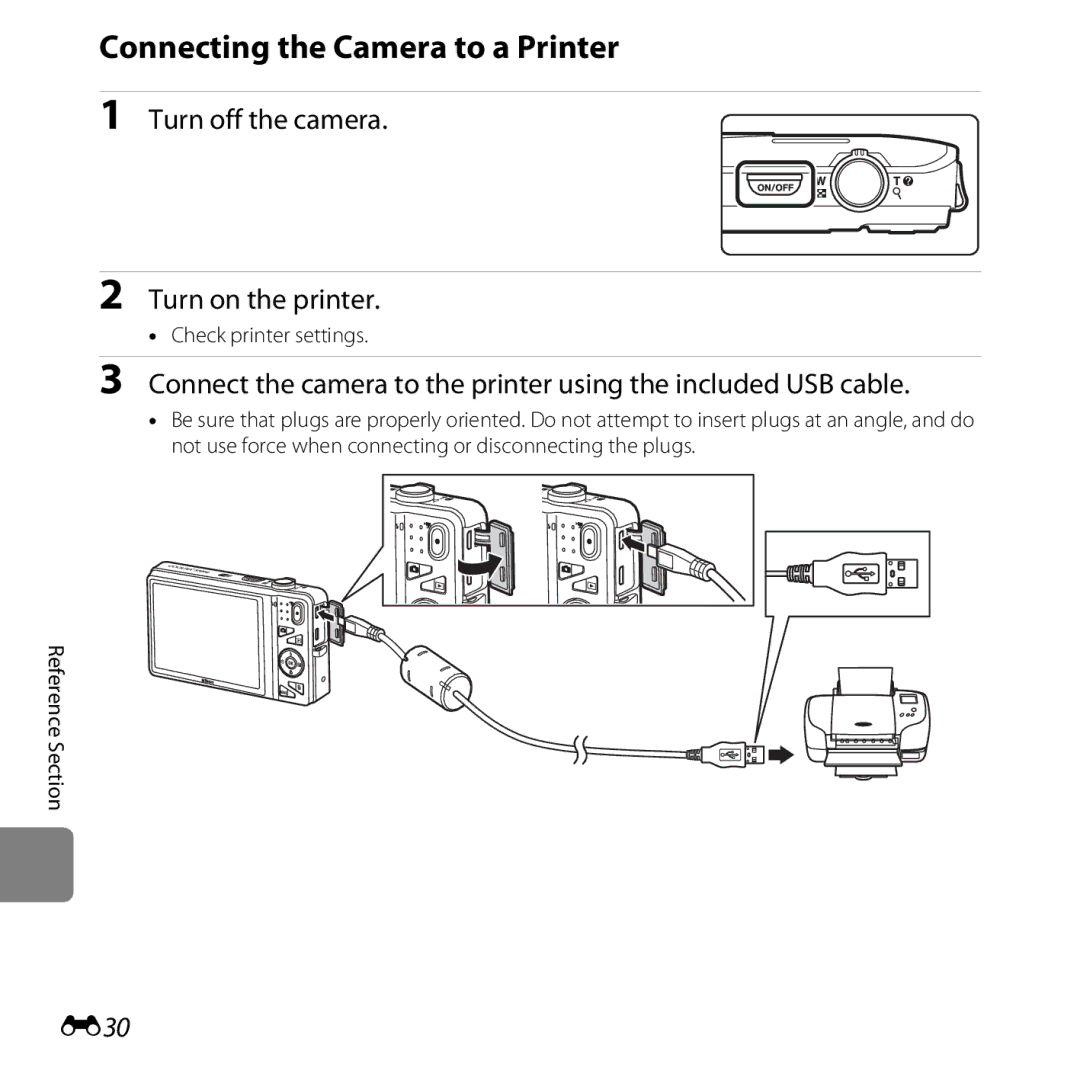 Nikon 26377 manual Connecting the Camera to a Printer, Turn off the camera Turn on the printer, E30, Check printer settings 