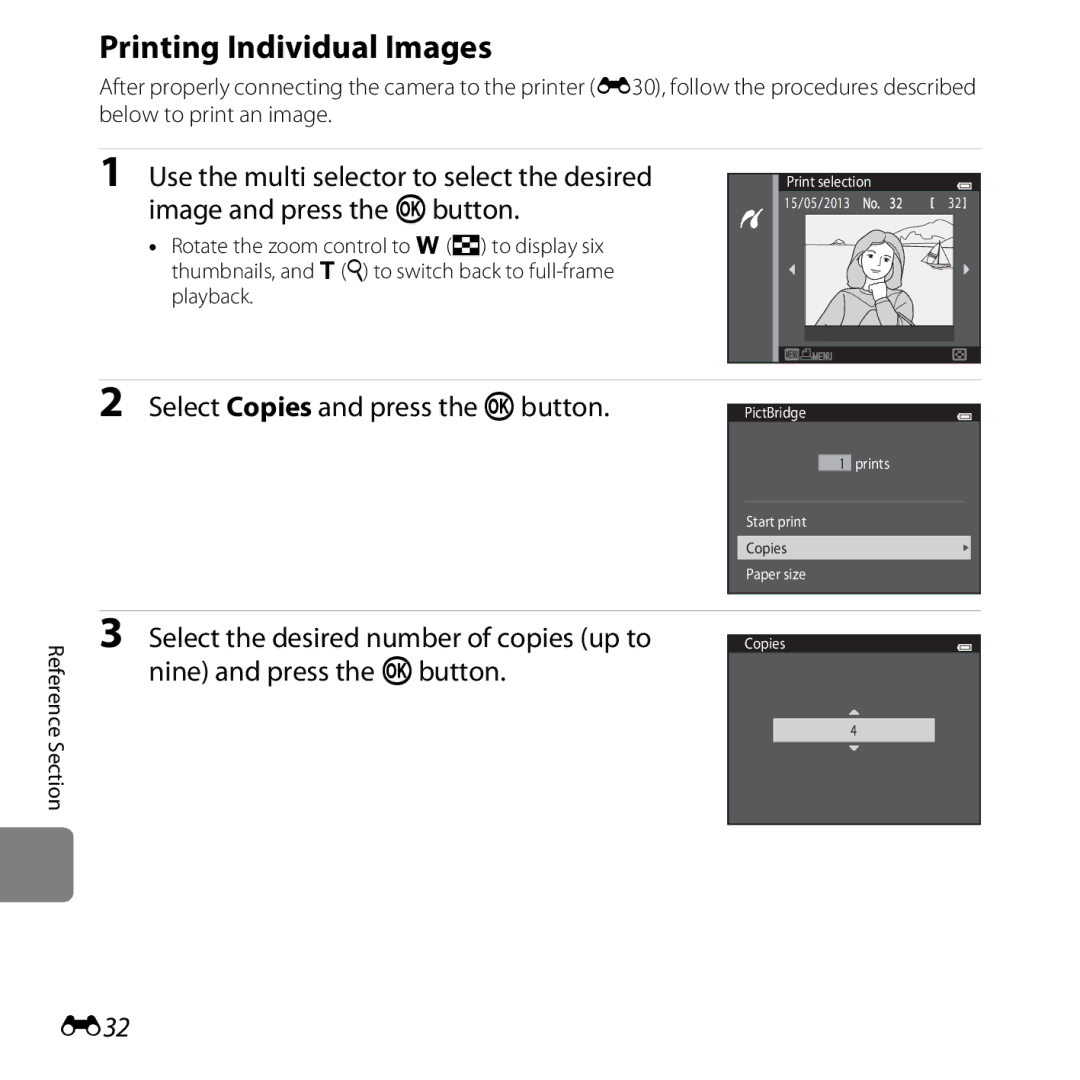 Nikon COOLPIXS5200PLUM Printing Individual Images, Select Copies and press the k button, Nine and press the kbutton, E32 