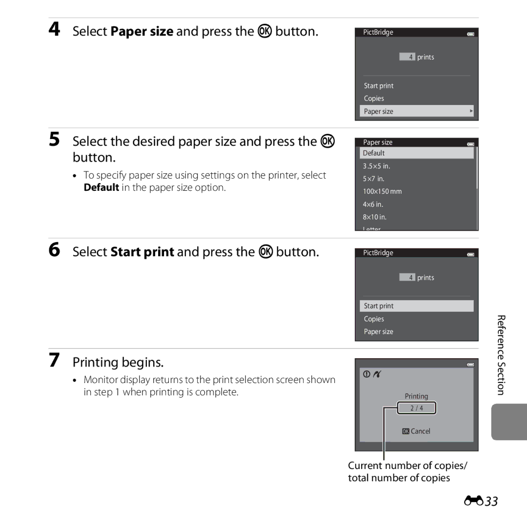 Nikon COOLPIXS5200PLUMKIT, 26377 Select Paper size and press the kbutton, Select Start print and press the kbutton, E33 