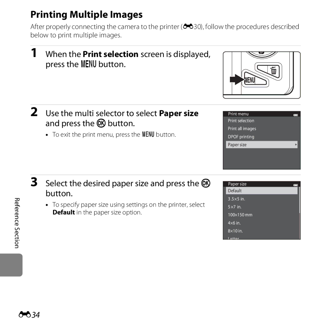 Nikon COOLPIXS5200RED, 26377 manual Printing Multiple Images, Select the desired paper size and press the k button, E34 