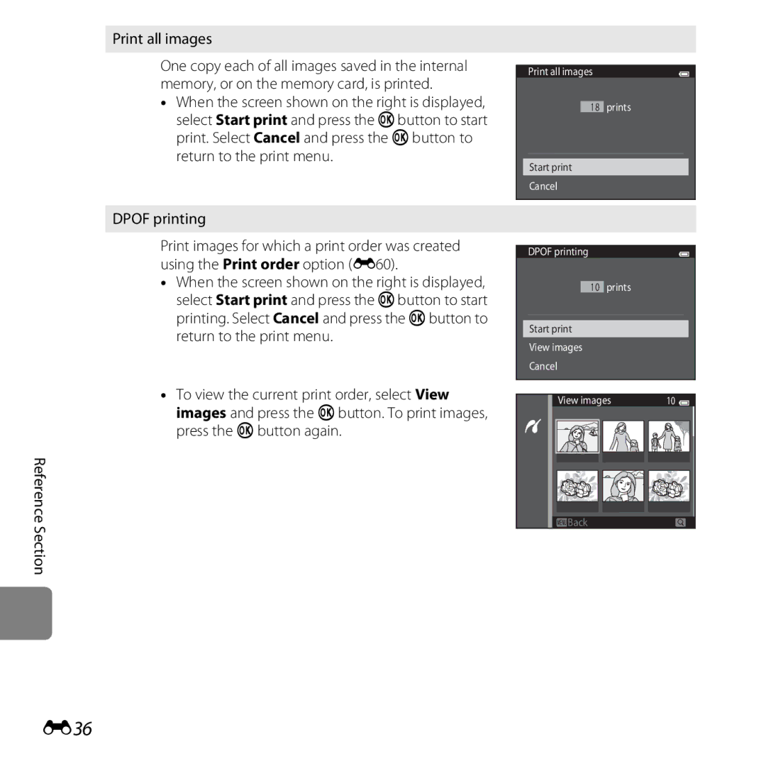 Nikon 26377, COOLPIXS5200PLUMKIT, COOLPIXS5200RED, COOLPIXS5200BLK manual E36, Reference Section Print all images 