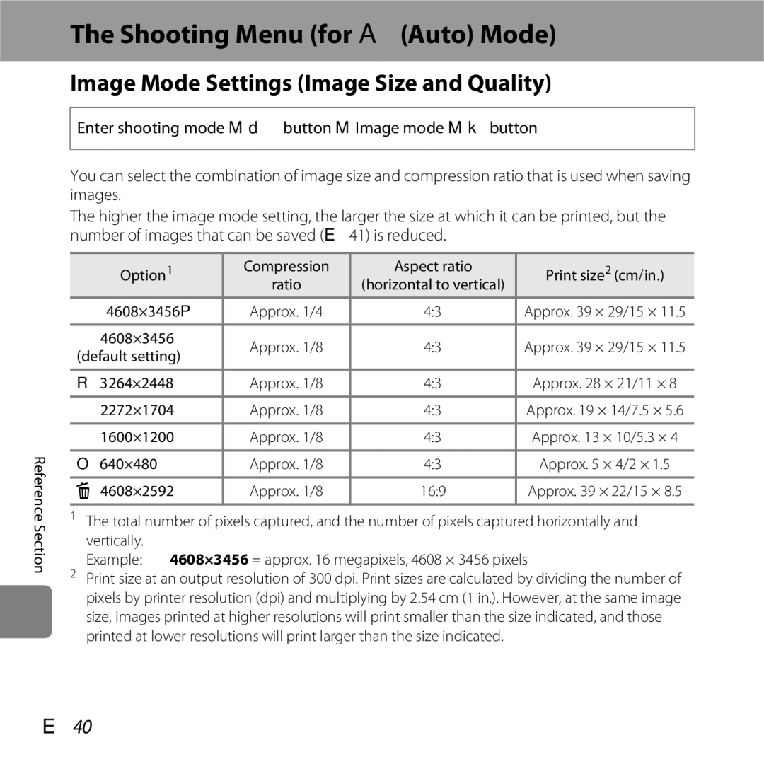 Nikon COOLPIXS5200RED, 26377, COOLPIXS5200BLK Shooting Menu for AAuto Mode, Image Mode Settings Image Size and Quality, E40 