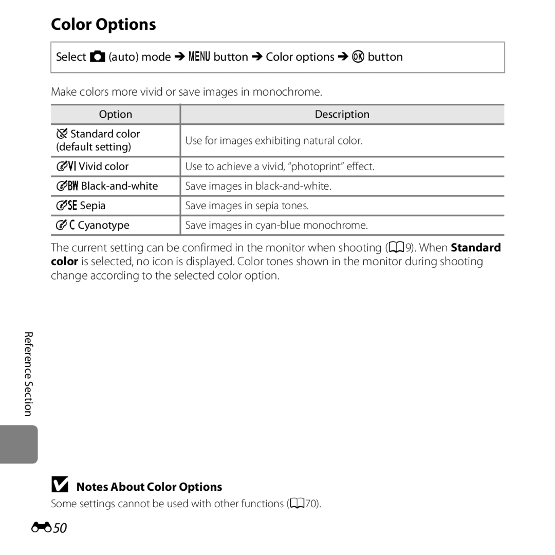 Nikon 26377, COOLPIXS5200PLUMKIT, COOLPIXS5200RED, COOLPIXS5200BLK manual Color Options, E50 