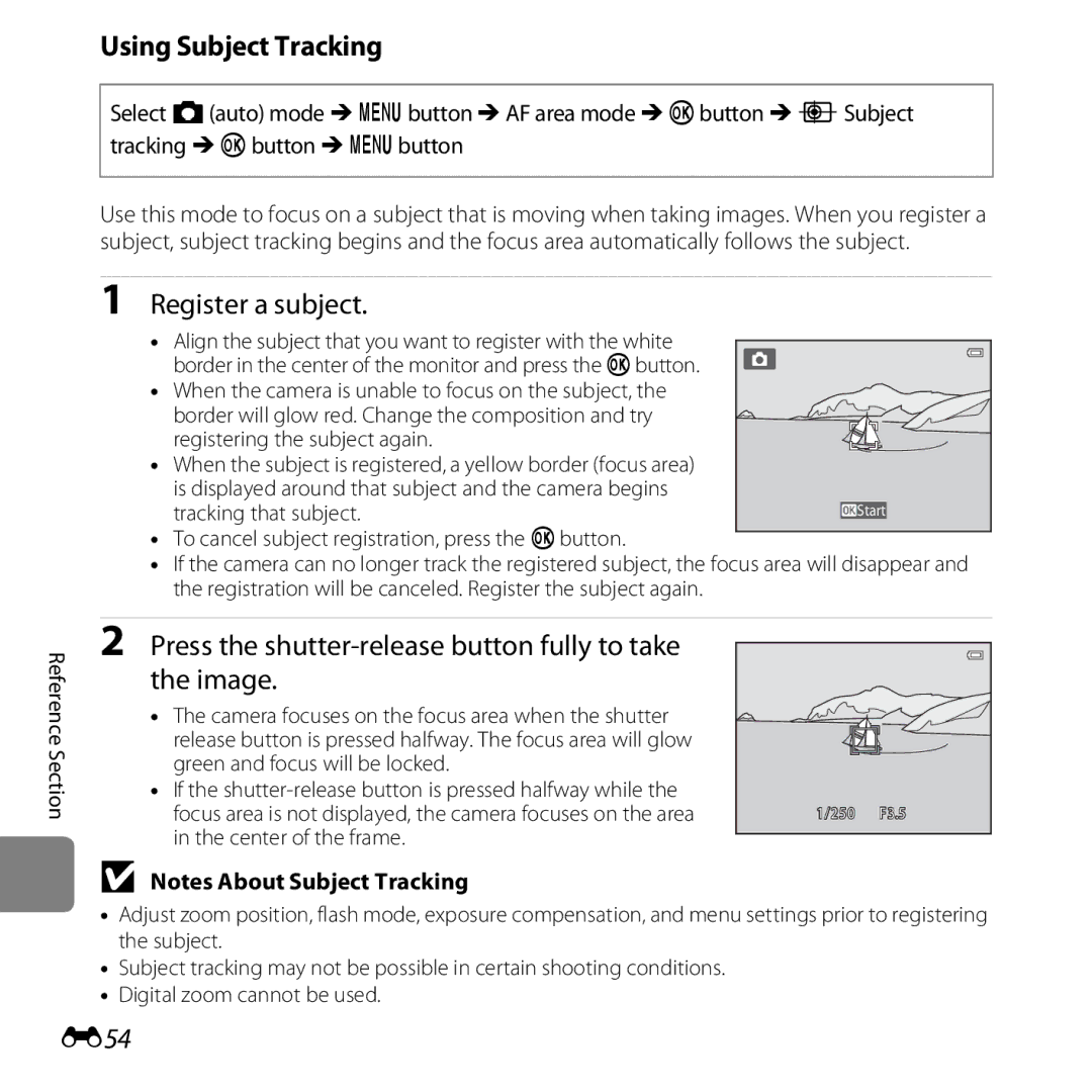 Nikon 26377 Using Subject Tracking, Register a subject, Press the shutter-release button fully to take the image, E54 