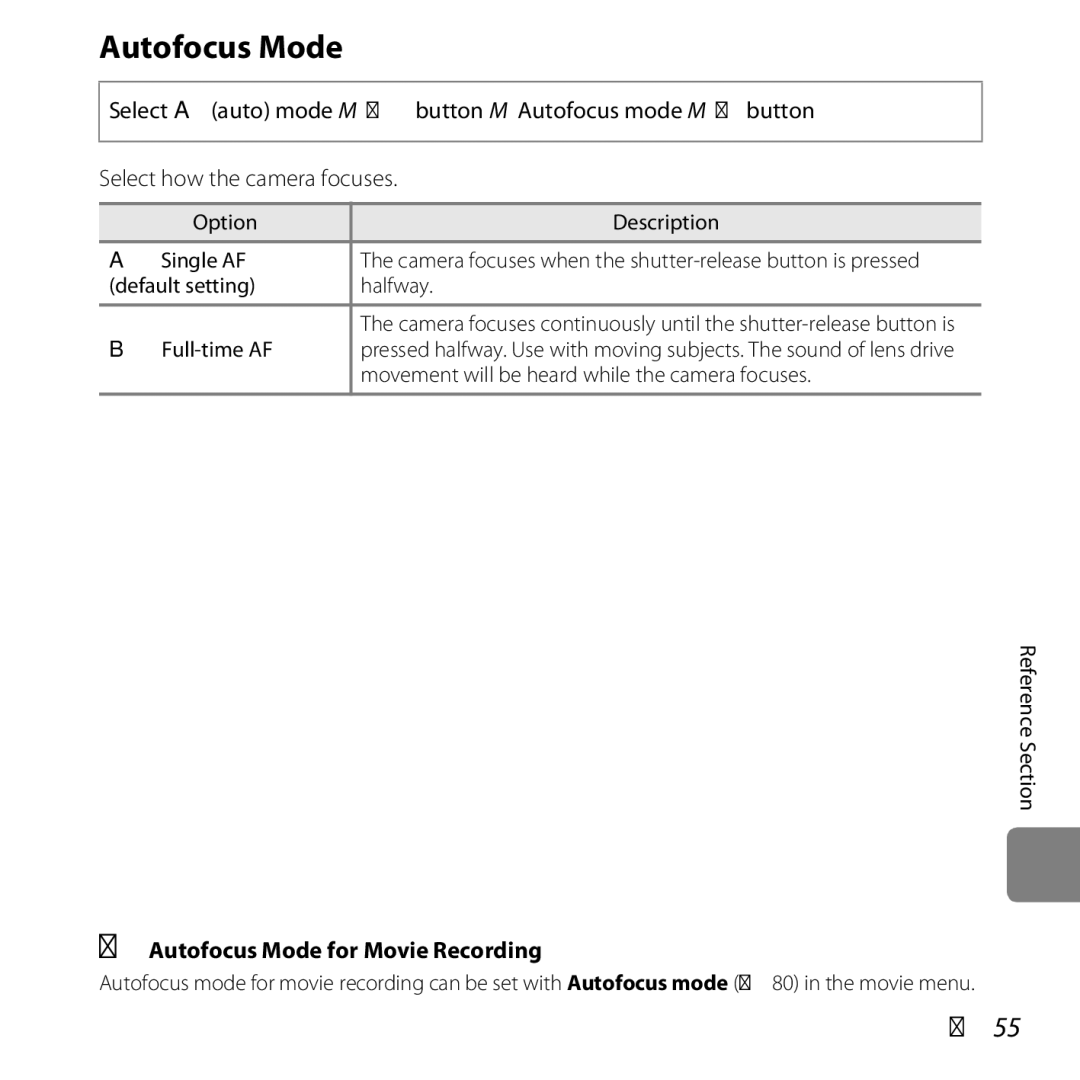 Nikon 26377, COOLPIXS5200PLUMKIT, COOLPIXS5200RED, COOLPIXS5200BLK manual E55, Autofocus Mode for Movie Recording 
