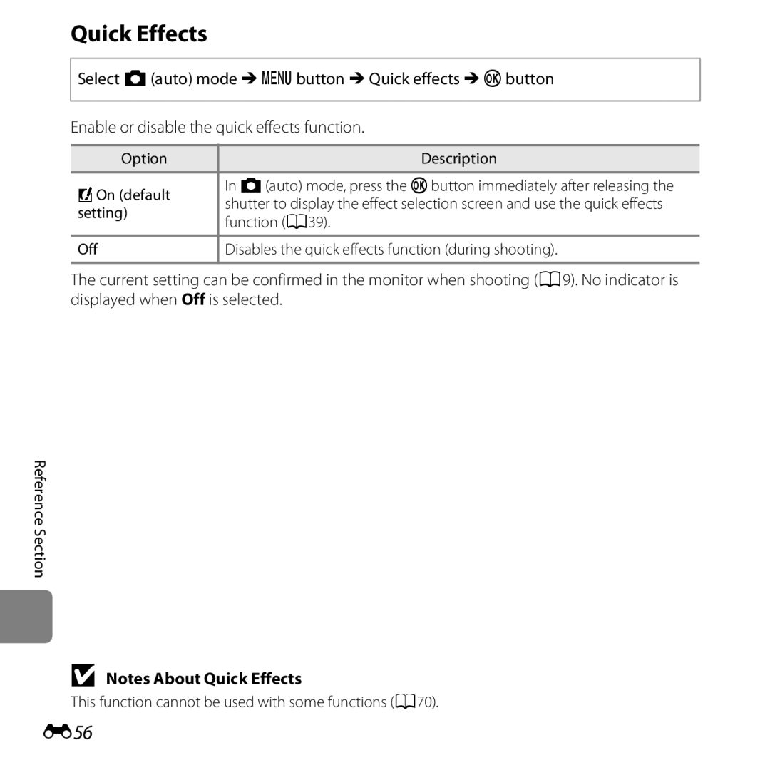 Nikon 26377, COOLPIXS5200PLUMKIT, COOLPIXS5200RED, COOLPIXS5200BLK manual E56, Option Description POn default, Function a 