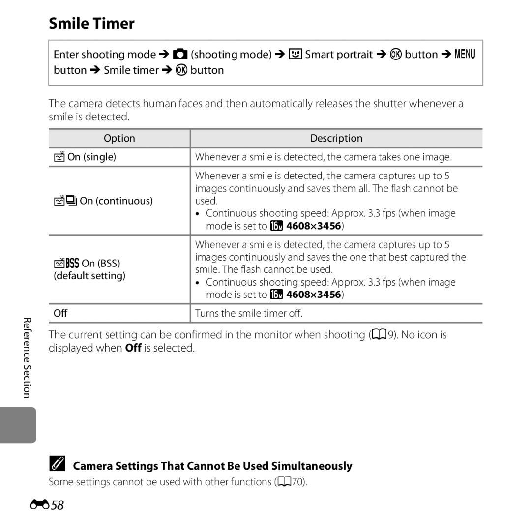 Nikon COOLPIXS5200RED, 26377, COOLPIXS5200PLUMKIT, COOLPIXS5200BLK manual Smile Timer, E58 