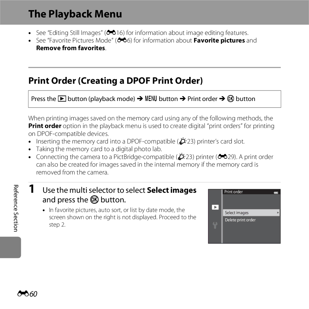 Nikon 26377, COOLPIXS5200PLUMKIT, COOLPIXS5200RED manual Playback Menu, Print Order Creating a Dpof Print Order, E60 