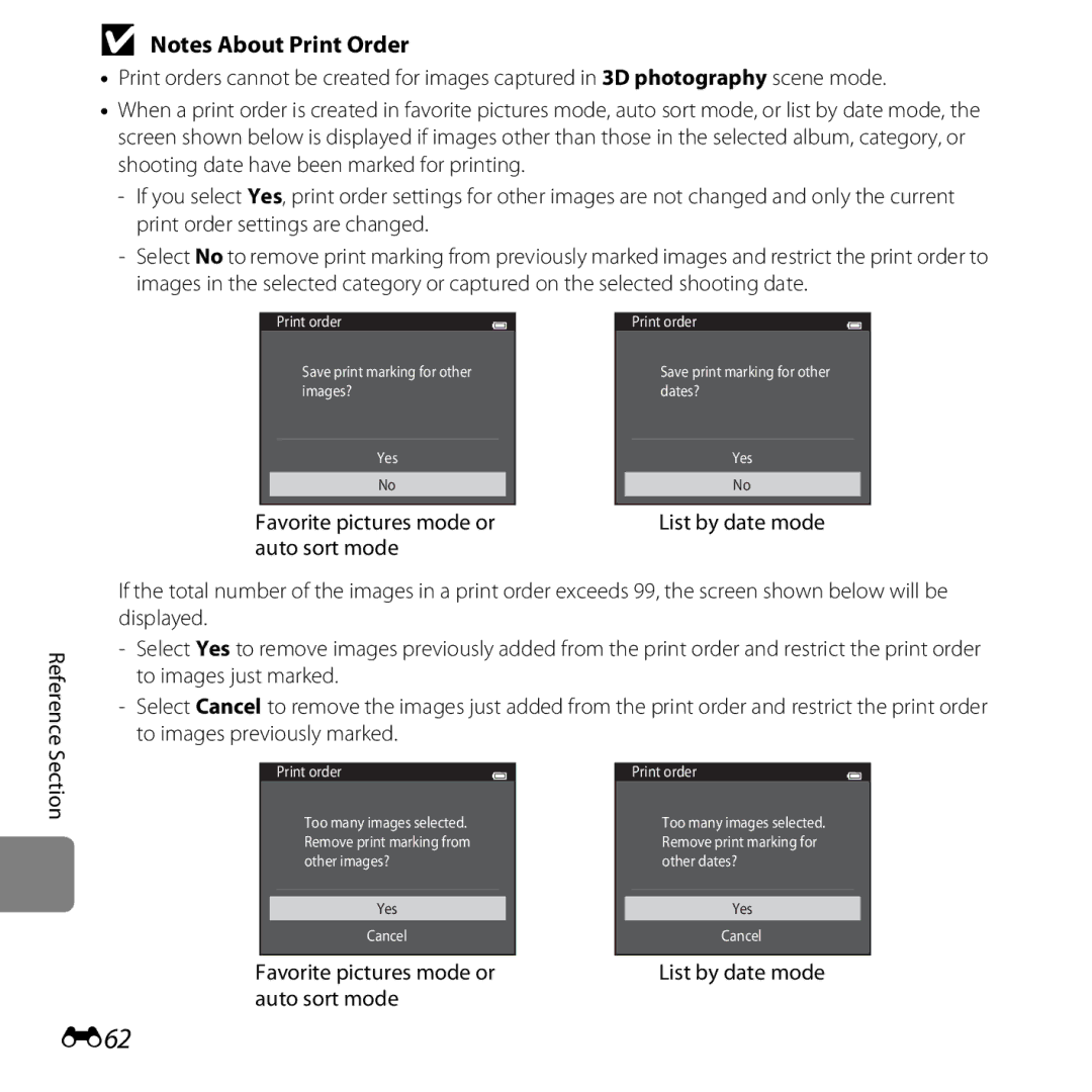 Nikon 26377, COOLPIXS5200PLUMKIT, COOLPIXS5200RED manual E62, Favorite pictures mode or auto sort mode, List by date mode 