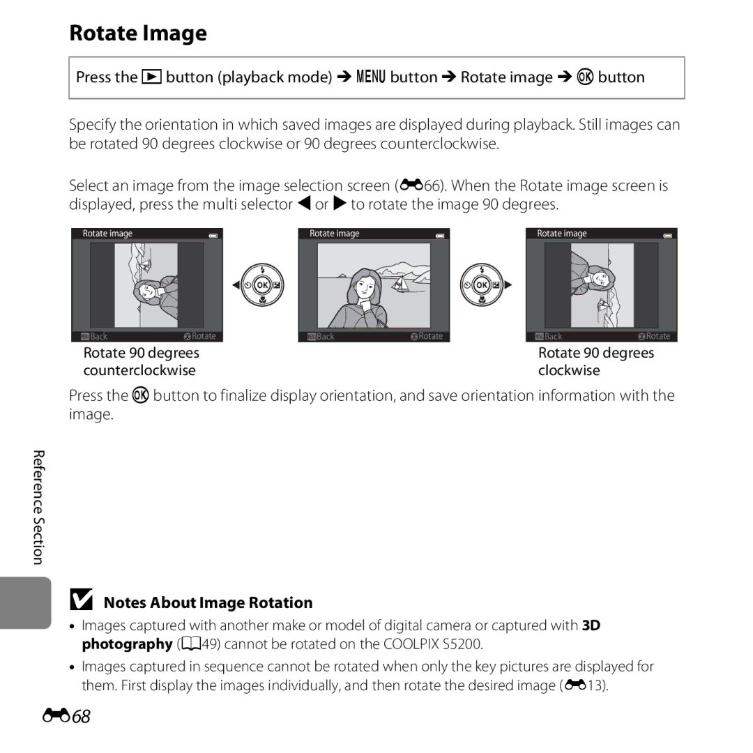 Nikon 26377, COOLPIXS5200PLUMKIT, COOLPIXS5200RED, COOLPIXS5200BLK manual Rotate Image, E68 