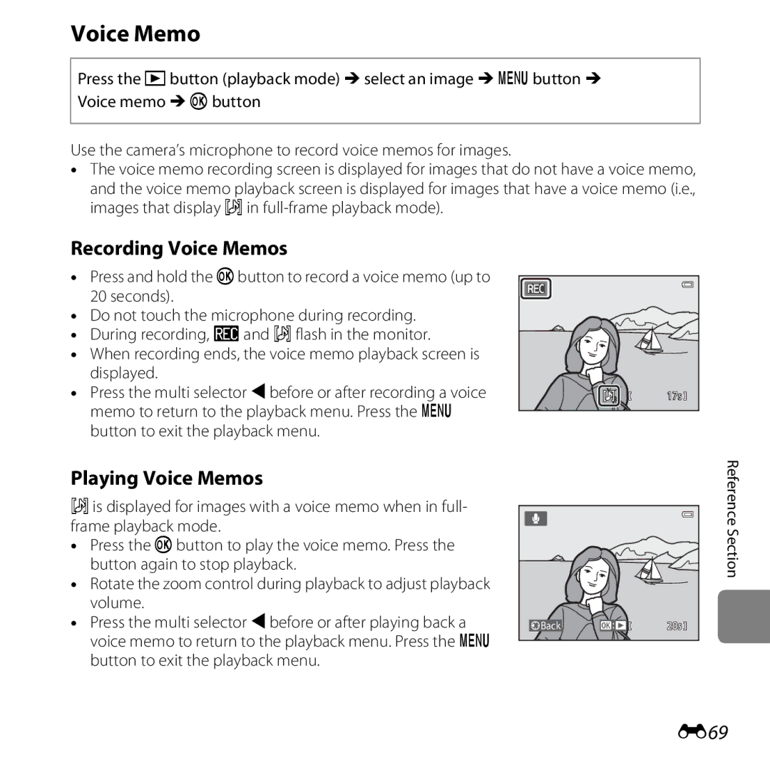 Nikon COOLPIXS5200PLUMKIT, 26377, COOLPIXS5200RED, COOLPIXS5200BLK manual Recording Voice Memos, Playing Voice Memos, E69 