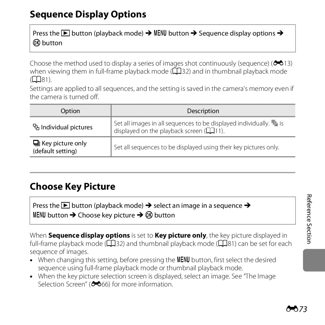 Nikon 26377, COOLPIXS5200PLUMKIT, COOLPIXS5200RED, COOLPIXS5200BLK Sequence Display Options, Choose Key Picture, E73 