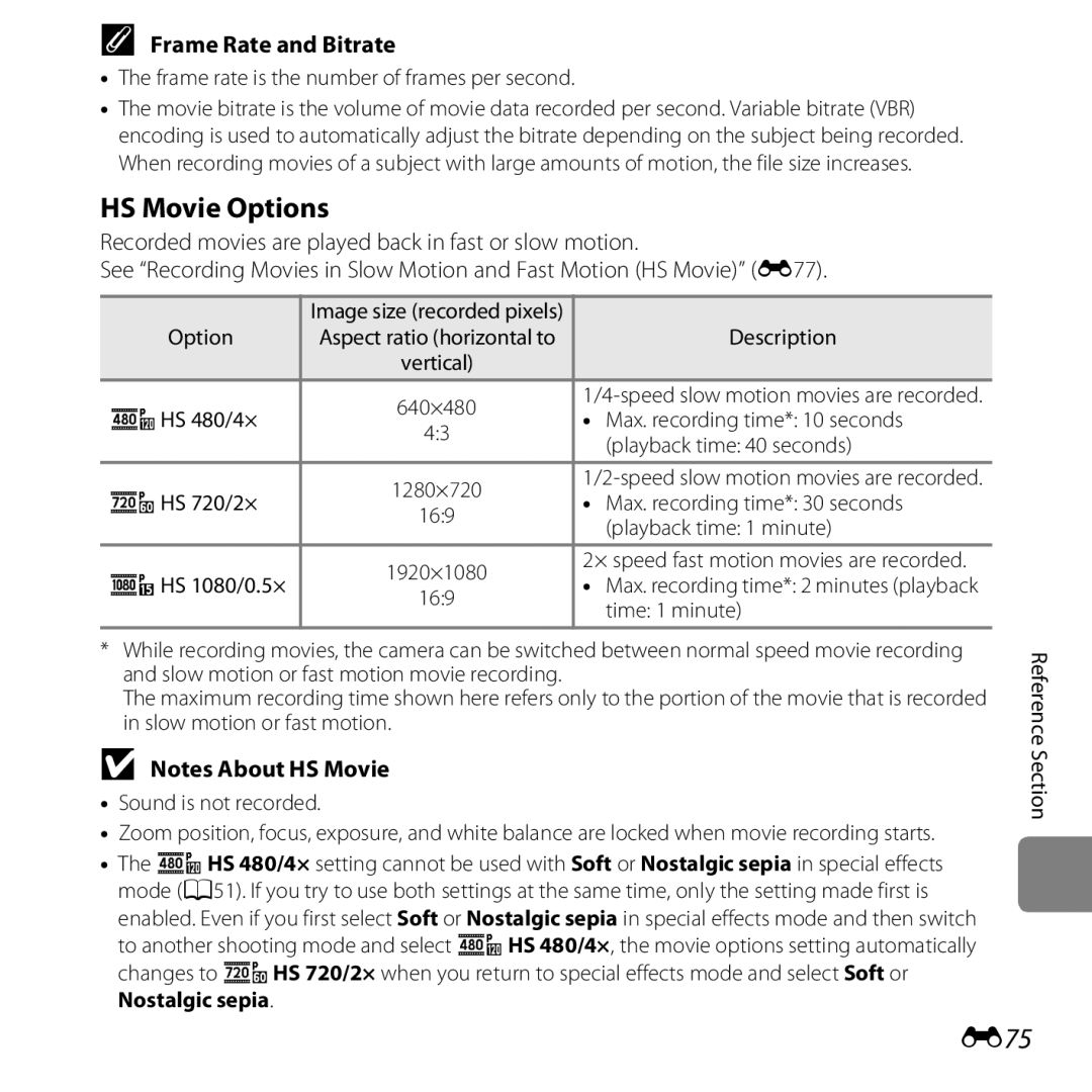 Nikon COOLPIXS5200PLUMKIT, 26377, COOLPIXS5200RED, COOLPIXS5200BLK manual HS Movie Options, E75, Frame Rate and Bitrate 