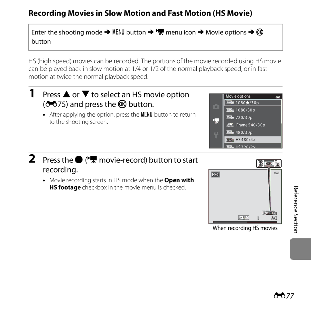 Nikon COOLPIXS5200BLK, 26377, COOLPIXS5200PLUM manual Recording Movies in Slow Motion and Fast Motion HS Movie, E77 