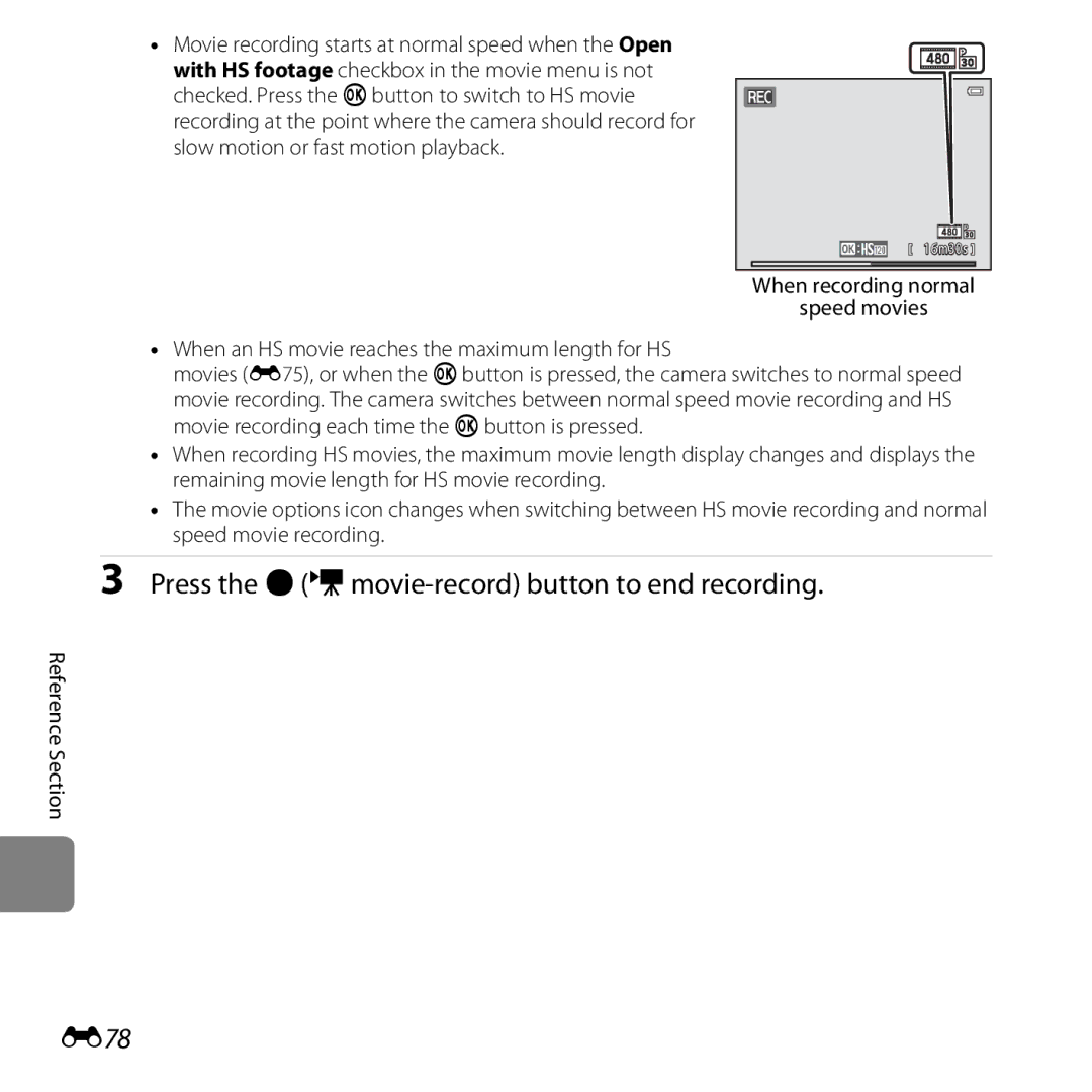 Nikon 26377, COOLPIXS5200PLUMKIT, COOLPIXS5200RED manual Press the bemovie-record button to end recording, E78 