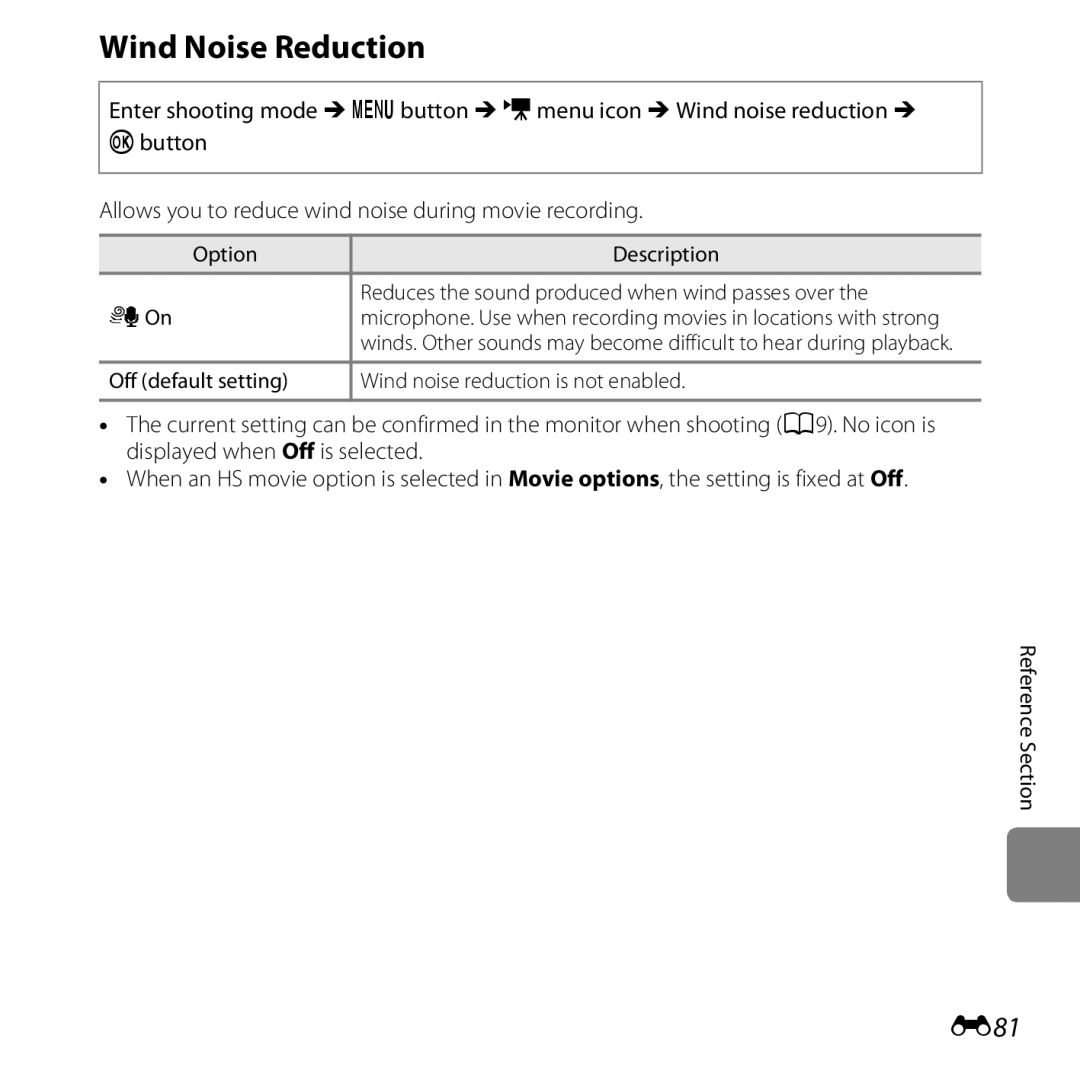 Nikon COOLPIXS5200PLUMKIT, 26377 manual Wind Noise Reduction, E81, Off default setting Wind noise reduction is not enabled 