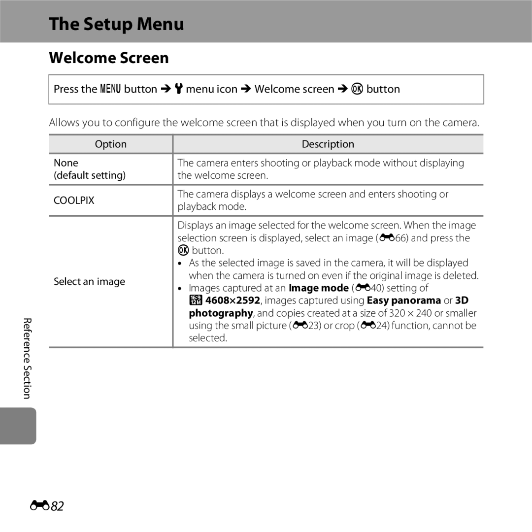 Nikon COOLPIXS5200RED, 26377, COOLPIXS5200PLUMKIT, COOLPIXS5200BLK manual Setup Menu, Welcome Screen, E82 