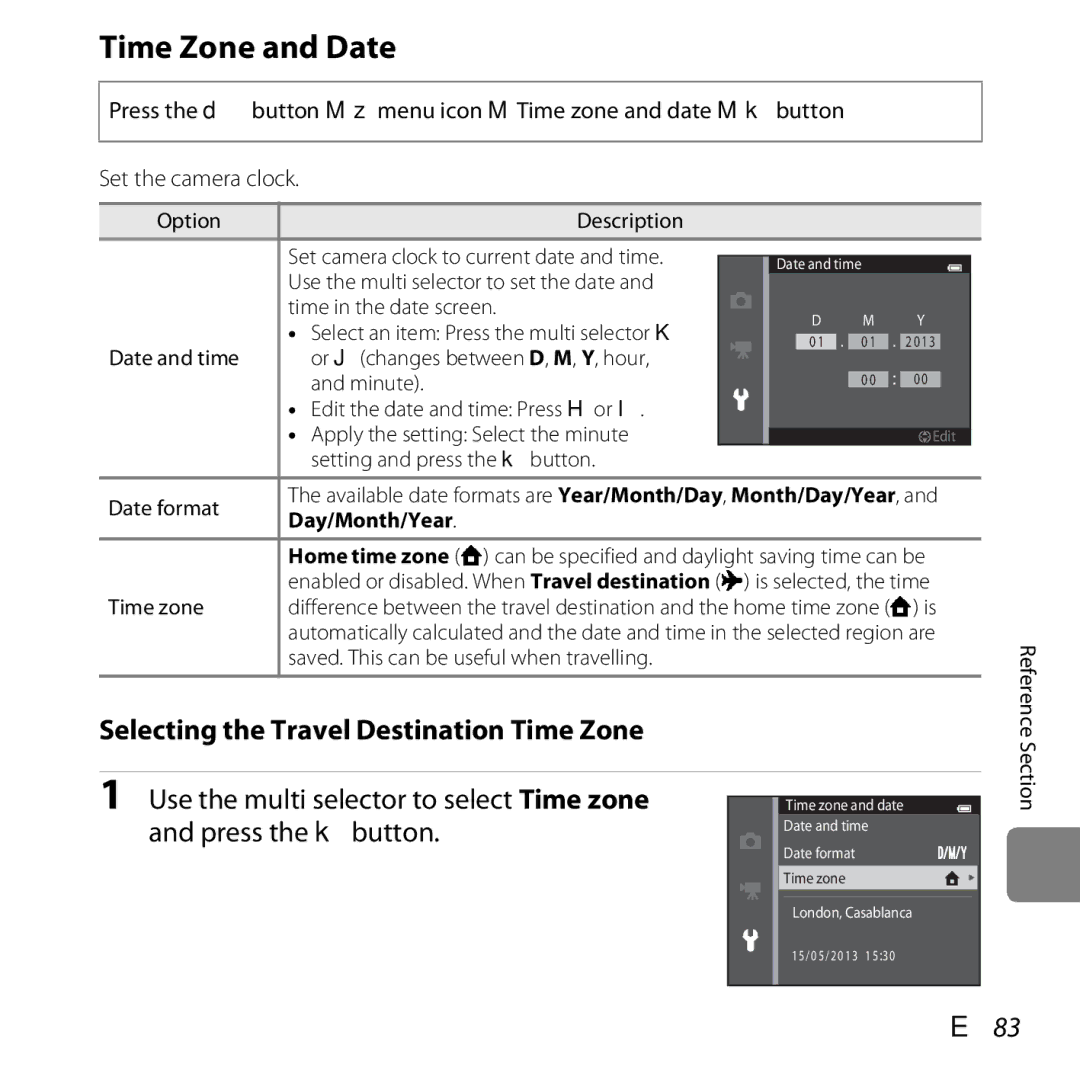 Nikon COOLPIXS5200BLK, 26377 manual Time Zone and Date, Selecting the Travel Destination Time Zone, E83, Day/Month/Year 